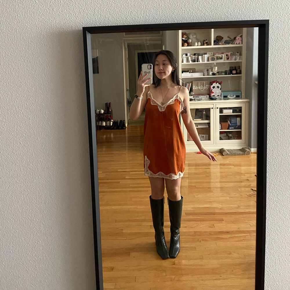 Orange satin slip dress